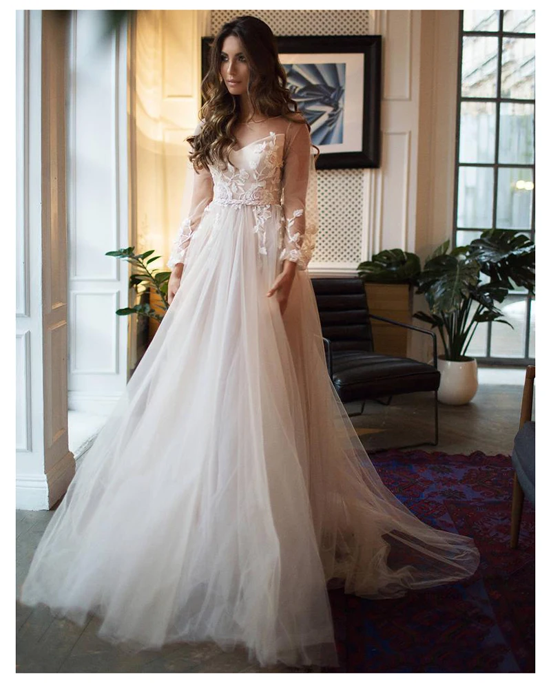 

A-Line Wedding Dress Boho Long Sleeve Bride Dress Custom Made Size Appliques Tulle Wedding Gowns Vestido Casamento