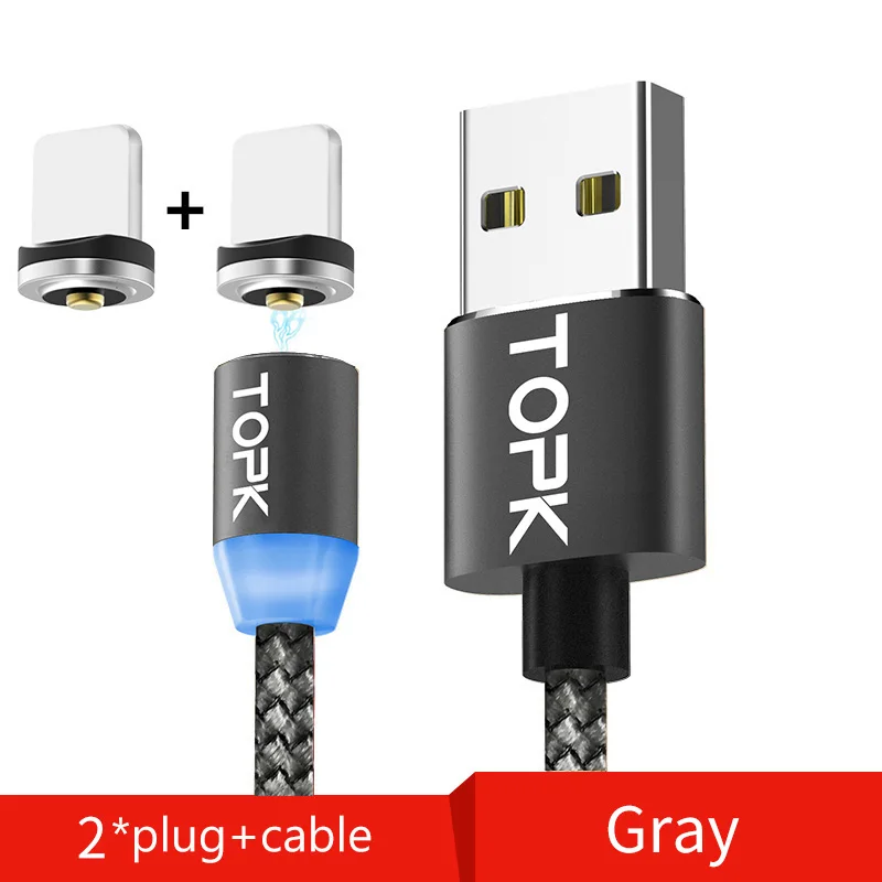 TOPK 1 м светодиодный магнитный кабель для iPhone Xs Max Xr 8 7 6 магнитная зарядка usb type C кабель и Micro USB кабель для samsung Xiaomi huawei USB C - Цвет: 2 Plug 1 Cable Gray