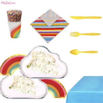 

Rainbow Theme Birthday Party Tableware Disposable Plates Cup Colorful Cups Plate Dinners Parties Decor Wedding Party Supplies