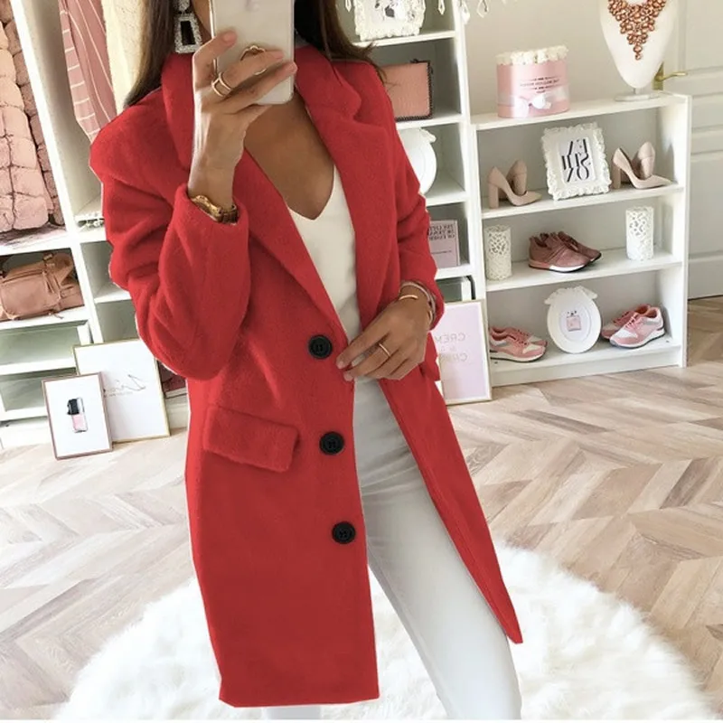 Осенне-зимнее женское Шерстяное Пальто размера плюс 3xl однотонное повседневное пальто с длинным рукавом модная верхняя одежда больших размеров - Цвет: red