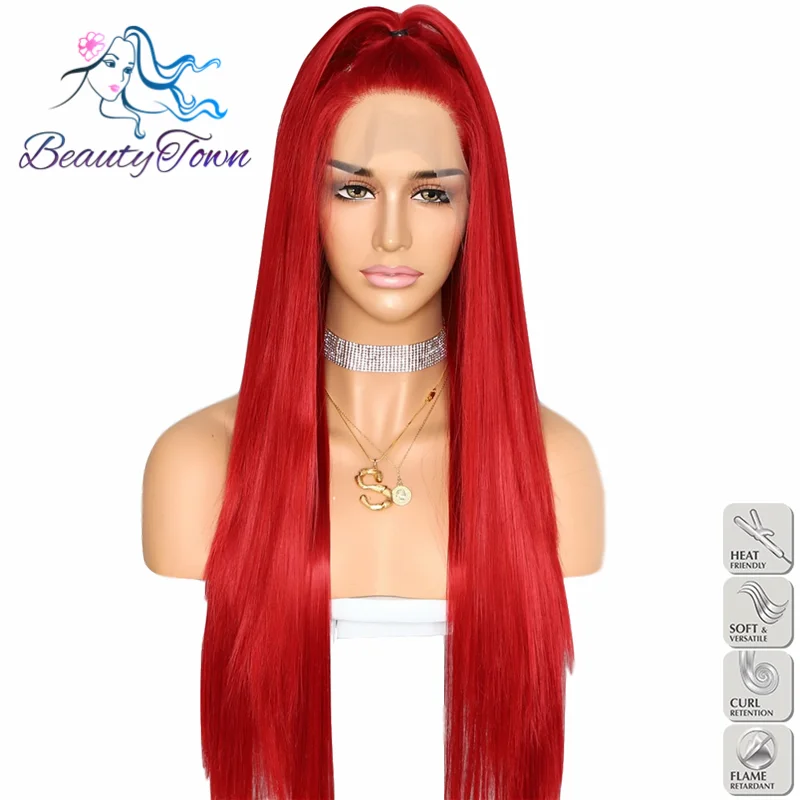 BeautyTown HandTied оранжевый красный 1B белый термостойкие прямые Косплей Знаменитости Девушка Свадебная вечеринка синтетический парик на кружеве