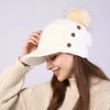 Autumn And Winter Female Warm Hat Beanies Cap With Visor Women Skullies Acrylic Button Hairball Plus Velvet Warm Soft Knitting 1