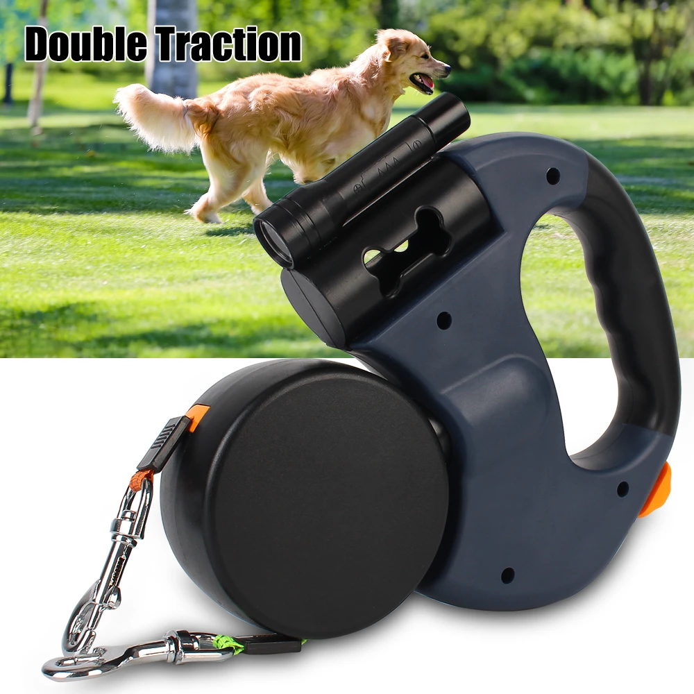 3m Automatic Retractable Dual Dog Leash With Roulette Flashlight Waste Bag Box Extending Dog Leash Rope Dog Walking Leash Leads