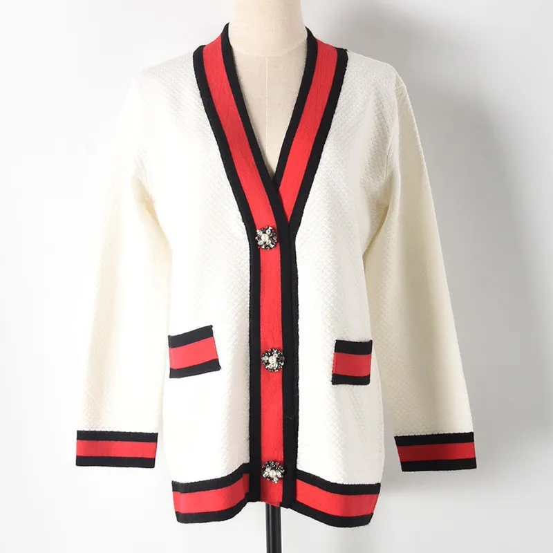 Женский кардиган с длинным рукавом v образным вырезом и жемчугом бусинами на