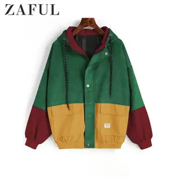 

ZAFUL Autumn Women Color Block Hooded Corduroy Jacket Long Sleeve Hit Color Zip Up Snap Button Jacket Warm Patchwork Jackets