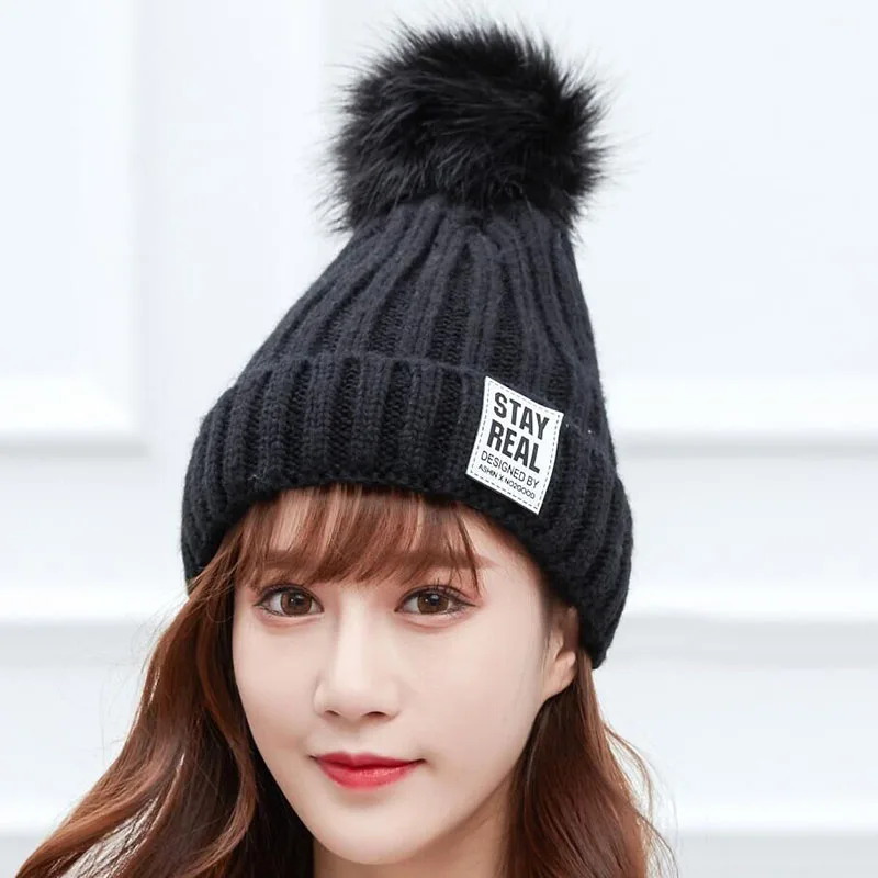 SUOGRY зимняя вязаная шапка женская меховая шапка с помпоном skullies Beanies cap s lmitation шапочка с помпоном шапки для женщин Женский головной убор из плотной ткани