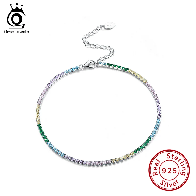 

ORSA JEWELS 925 Sterling Silver Tennis Anklet Rainbow Colors AAAA Zirconia Full Paved Anklet for Girls Woman Ankle Chain SA04