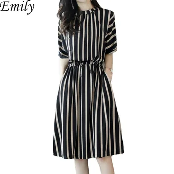 

Office Lady Striped Casual Women Dress Half Sleeve Knee-length Ladies Dresses O Neck Elegant Women Dress