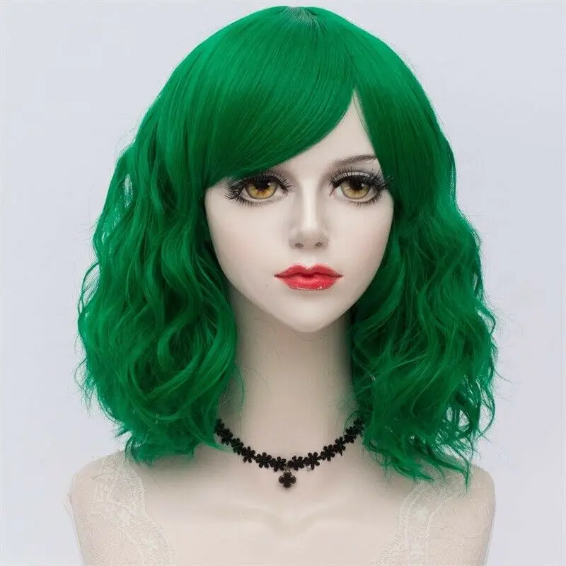 27 стиль радуги многоцветные Хэллоуин 35 см вьющиеся синтетические парик Лолита Средний Омбре вечерние Косплей - Цвет: dark green wig