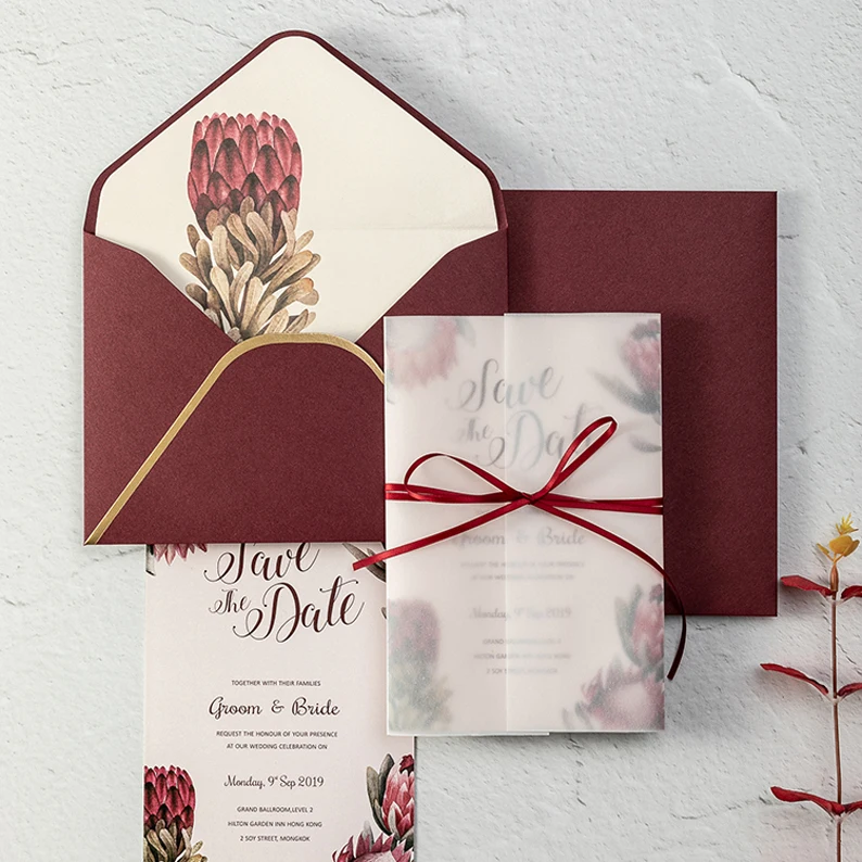 50PCS Wedding invitation custom invitation DIY wine red European retro Phnom Penh envelope sulfate  - 10000008372773