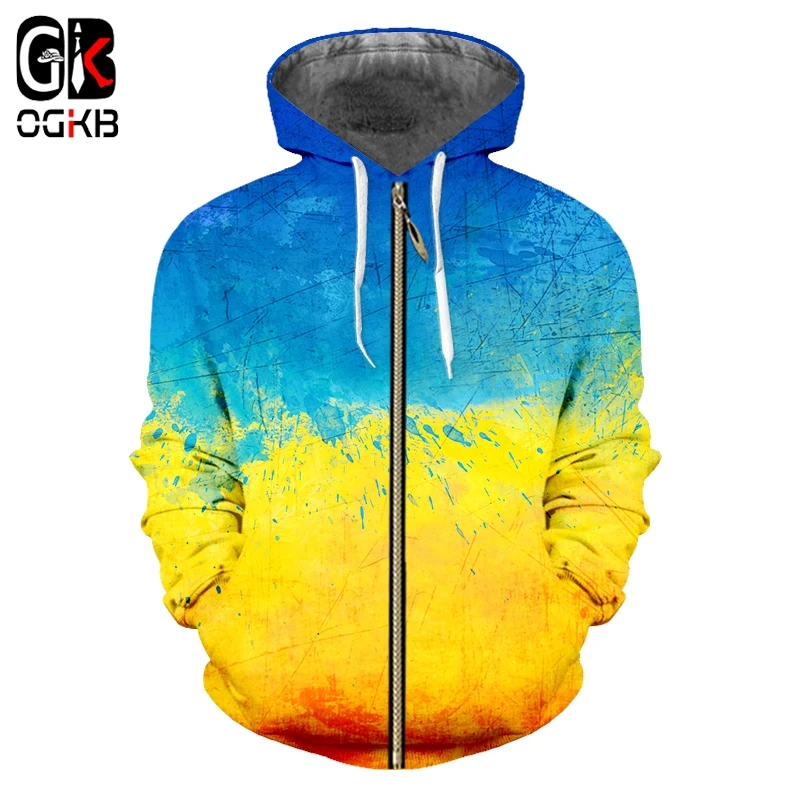 

OGKB Zipper Hoodies Man New Personality 3D Printed Funny Blue Yellow Ink Colorful Big Size Unisex Zip Hooded Sweatshirts