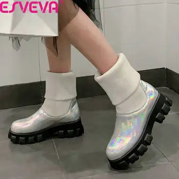 

ESVEVA 2020 New Autumn Winter Square Heel Round Toe Slip on Women Shoes PU Leather Knitting Platform Ankle Boots Big Size 34-43