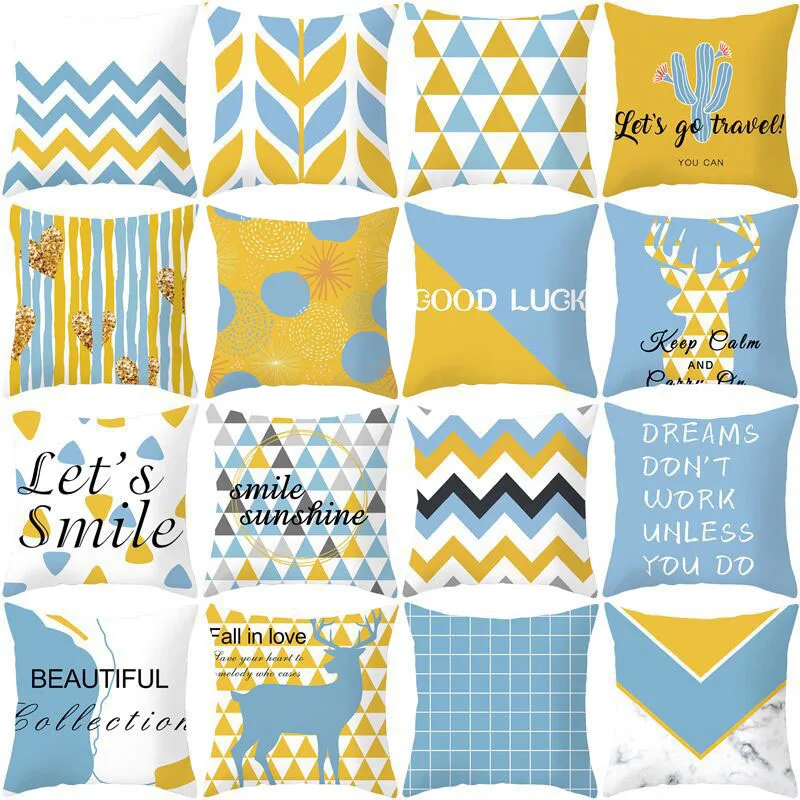 

45x45cm Blue Geometric Pillow Case Fresh Elk Animal Print Cushion Cover Home Decoration Custom Letter Wave Plant Sofa Pillowcase