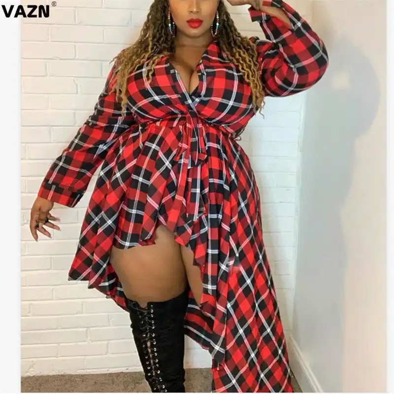 lace up plaid asymmetrical dress