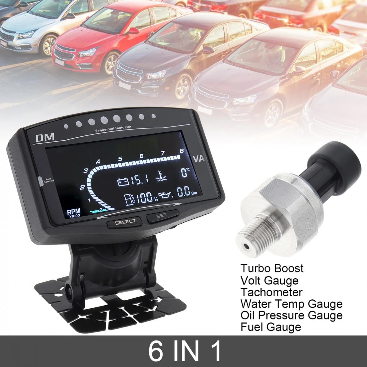 6IN1 Digital Car Voltmeter Oil Pressure/Water Temp/Fuel Gauge/Turbo Boost Gauge
