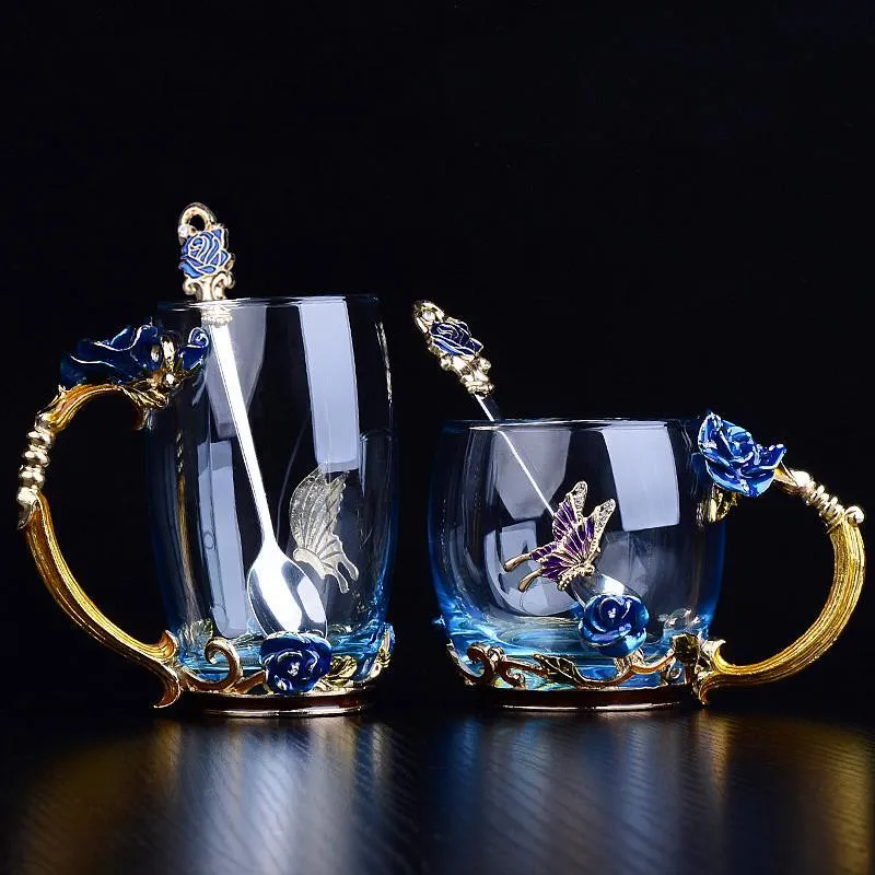 Голубая роза, эмалированная Хрустальная чашка, цветочный чай, стекло высокого качества, стеклянная чашка для воды, кружка в цветочек с рукояткой, идеальный подарок для любимой свадьбы