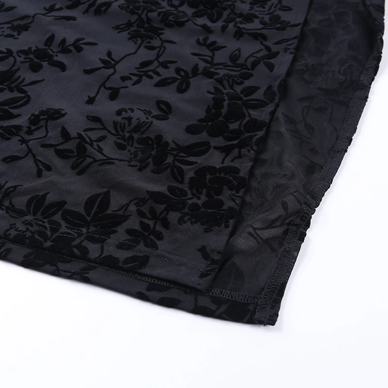 WannaThis Knee Mesh Dresses Black Sexy See-through Spaghetti Strap Sleeveless Flower Print Slash Neck Clubwear Party Long Dress