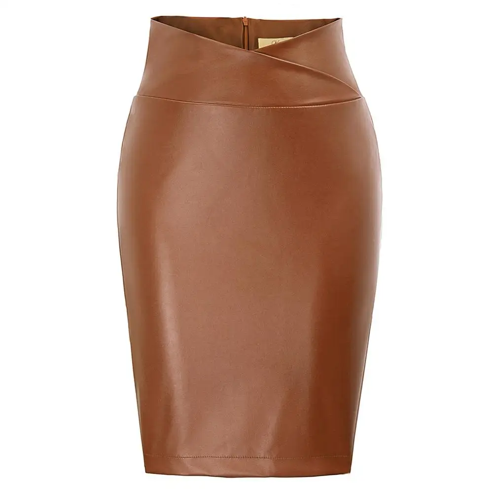 DECL0005 brown Grace Karin, Женская юбка из искусственной кожи, красный/черный цвет, кожа юбка с высокой талией, асимметричные юбки, Офисная юбка-карандаш, длина до колена,облегающая юбка миди - Цвет: DECL0005 brown
