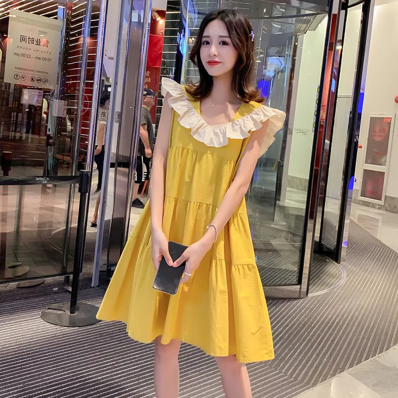

Maternity Clothes Summer Skirt Korean-style Loose-Fit Peter Pan Collar Flounced Vest Large Size Pregnancy Dress Pregnant Women S