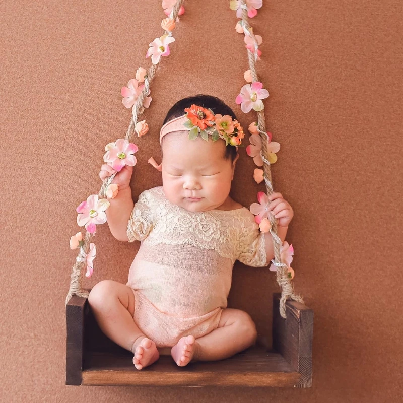 

Newborn Photography Props Wooden Swing with Flower Vine Baby Photo Shoot Swing Seat Sets First Photo Session Props