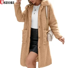 

2021 Women Long Lapel Cardigan Small Teddy Plush Long Single Breasted Lamb Cashmere Trench Warm Solid Color Coat