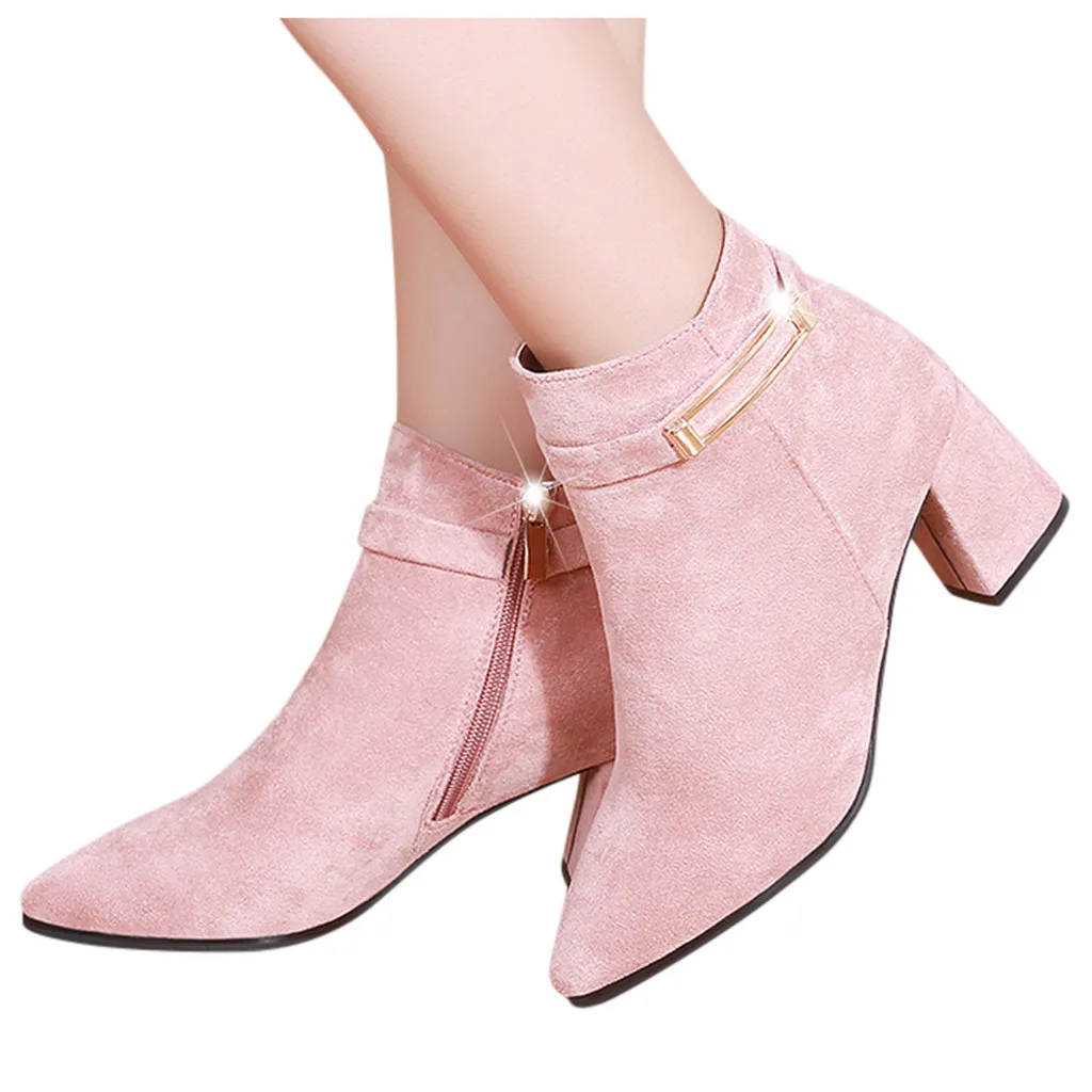 Короткие зимние сапоги розового цвета; женские ботильоны из флока на платформе; элегантные женские ботинки с острым носком; Botines Mujer;