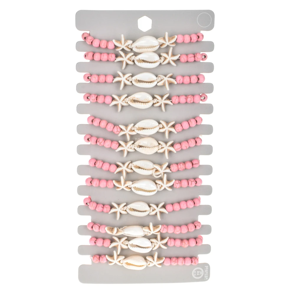 12pcs/lot Natural Stone Starfish Shell Charms Bracelet Set Women Braided Adjustable Chain Anklets Wristband Jewelry