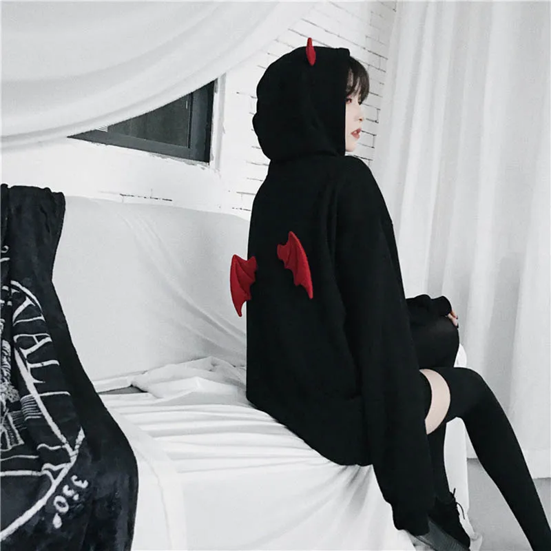 Letter Hooded Hoodies Sweatshirt Devil Wing Gothic Hoodies Women Oversized Streetwear Stranger Thin