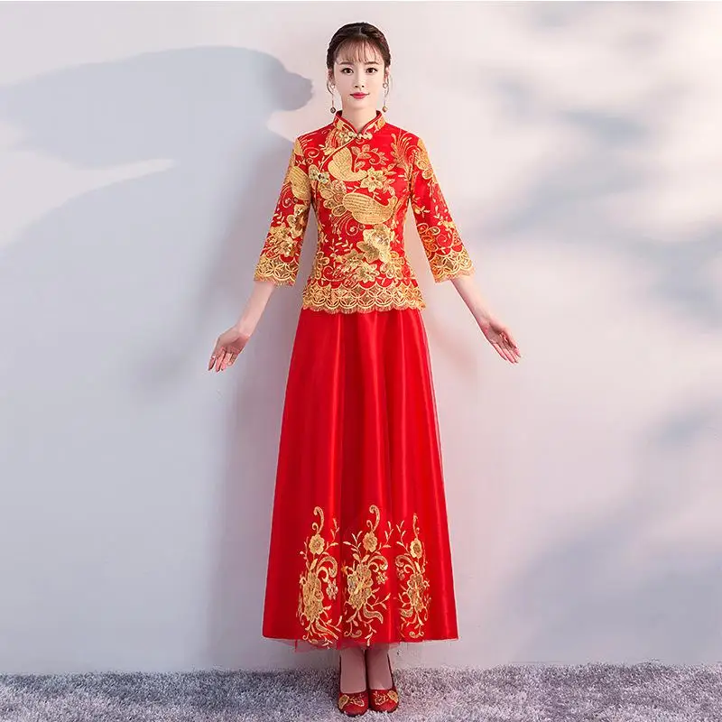 Элегантный женский китайский стиль традиционный ченсам Qipao свадебное платье невесты 2шт Топ и юбка Vestidos вечерние платья - Цвет: Red Flower H