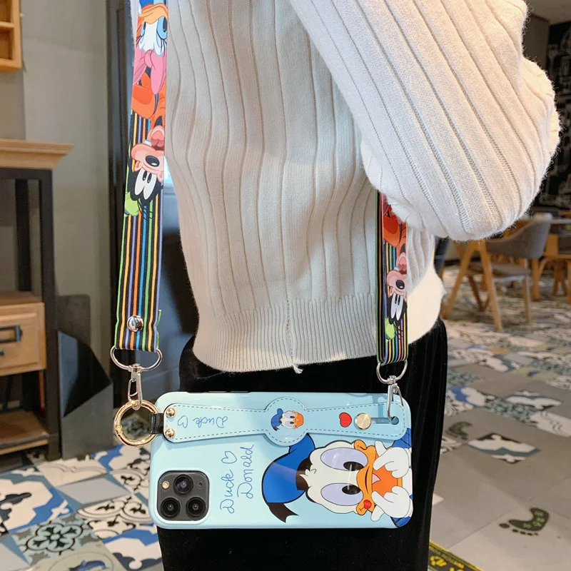 Disney Cartoon Mickey Minnie Mouse Daisy Donald Duck Wrist Strap Lanyard Phone Case For IPhone 12 Pro Max 11 7 8 Plus X XR SE XS