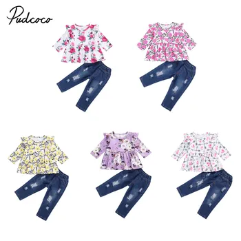 

1-5Y Toddler Baby Kid Girls Flower Clothes Set Long Sleeve Ruffles Tunic T shirt Tops Denim Pants Autumn Winter Costumes