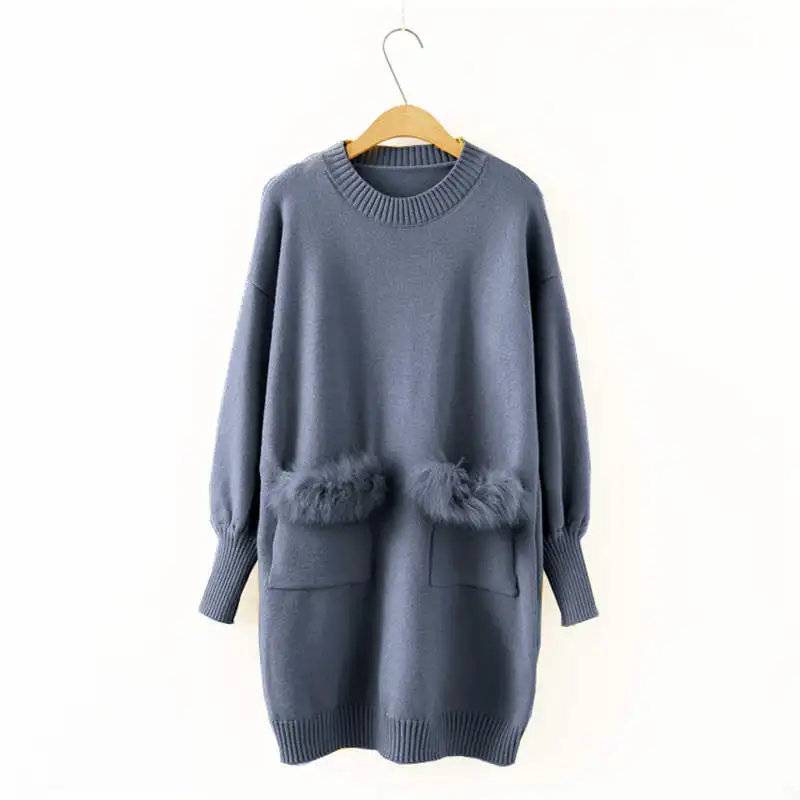 Neploe Pull Femme, осенне-зимний свитер с длинным рукавом, платье из искусственного меха с карманами, вязаный пуловер, повседневный джемпер с круглым вырезом, 36300