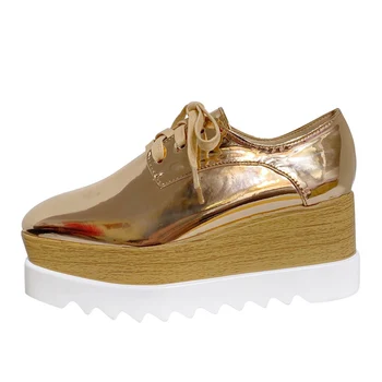 

2020 autumn new women's single shoes gold square toe lace-up fashion wedges platform shoes