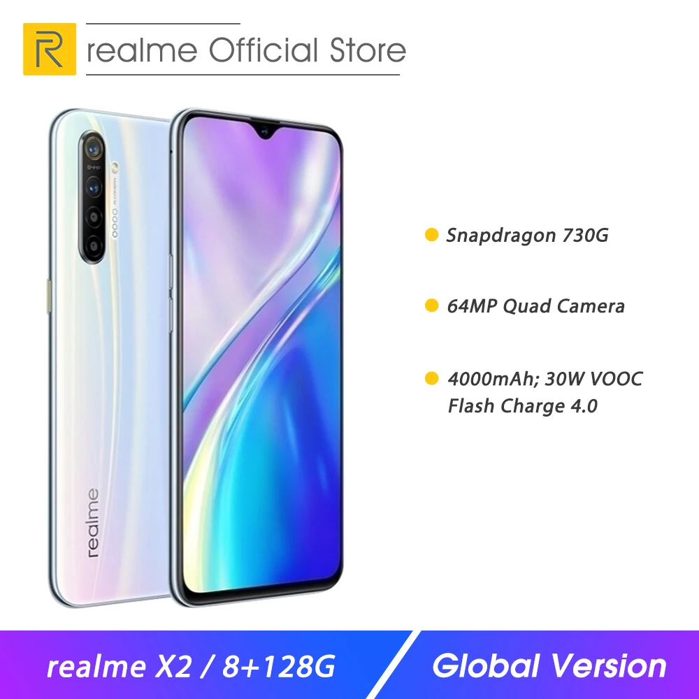 

Global Version realme X2 8GB RAM 128GB Moblie Phone Snapdragon 730G 64MP Quad Camera 6.4" NFC Cellphone VOOC 30W EU Fast Charger