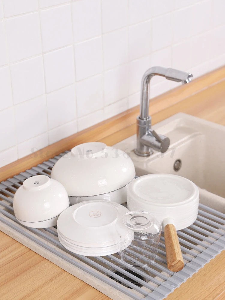 

Silicone drain rack water raft plastic sink dripping collapsible drying dish rack solid inner rod wrapped silicone does not rust