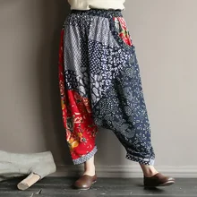 Pantaloni a trapezio in cotone e lino con cuciture retrò da donna in stile folk originale pantaloni larghi larghi larghi da donna