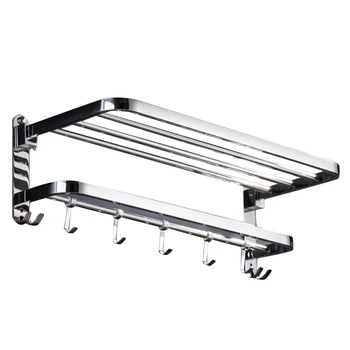 

Multifunctional Stainless Steel Anti-Rust Toilet Bathroom Foldable Towel Rack Wall Mounted Storage Double Level with Hooks Rod H