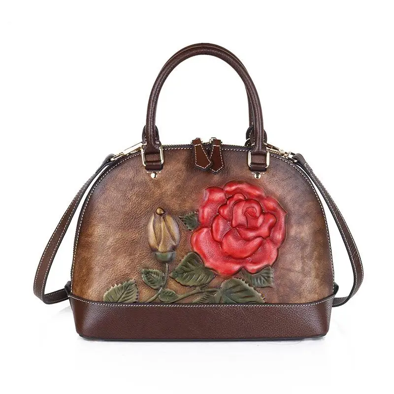 Johnature High Quality Genuine Leather Luxury Handbags Women Bags New Retro Handmade Embossing Shoulder& Crossbody Bags - Color: Coffee