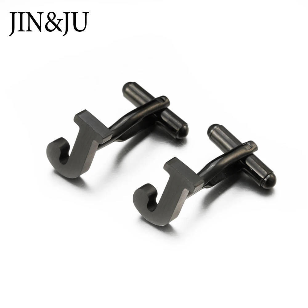 JIN& JU запонки из нержавеющей стали с буквами J для мужчин, черные и Серебристые запонки с буквами J алфавита, мужские запонки на пуговицах