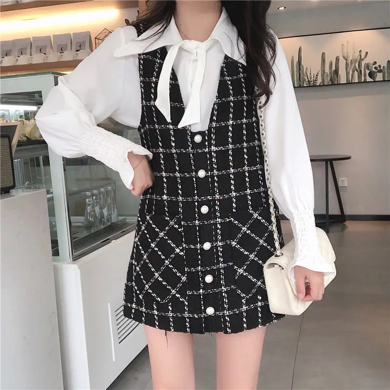 

Fashion Two Piece Set Dress 2019 Autumn Women White Shirt Tweed Plaid Vest Single Breasted Dress Suits Mini Sweet Vestidos f1442
