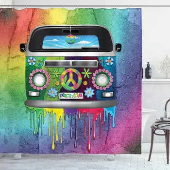 

Groovy Shower Curtain, Old Style Hippie Van Dripping Rainbow Paint Mid 60s Youth Revolution Movement Theme Fabric Bathroom Decor