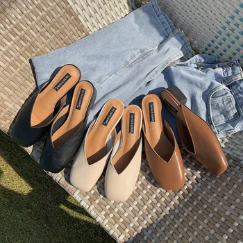 

2020 Designers Women Mules Shoes Summer Fashion Square Toe Med Heel Slippers Leather Shallow Slip On Slipper Woman Outside Slide