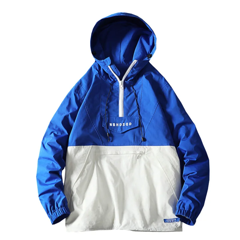 Harajuku Jacket Men Hip Hop Hooded Windbreaker Jackets Patchwork Japanese Streetwear Tracksuit Coat ABZ591 - Цвет: Blue