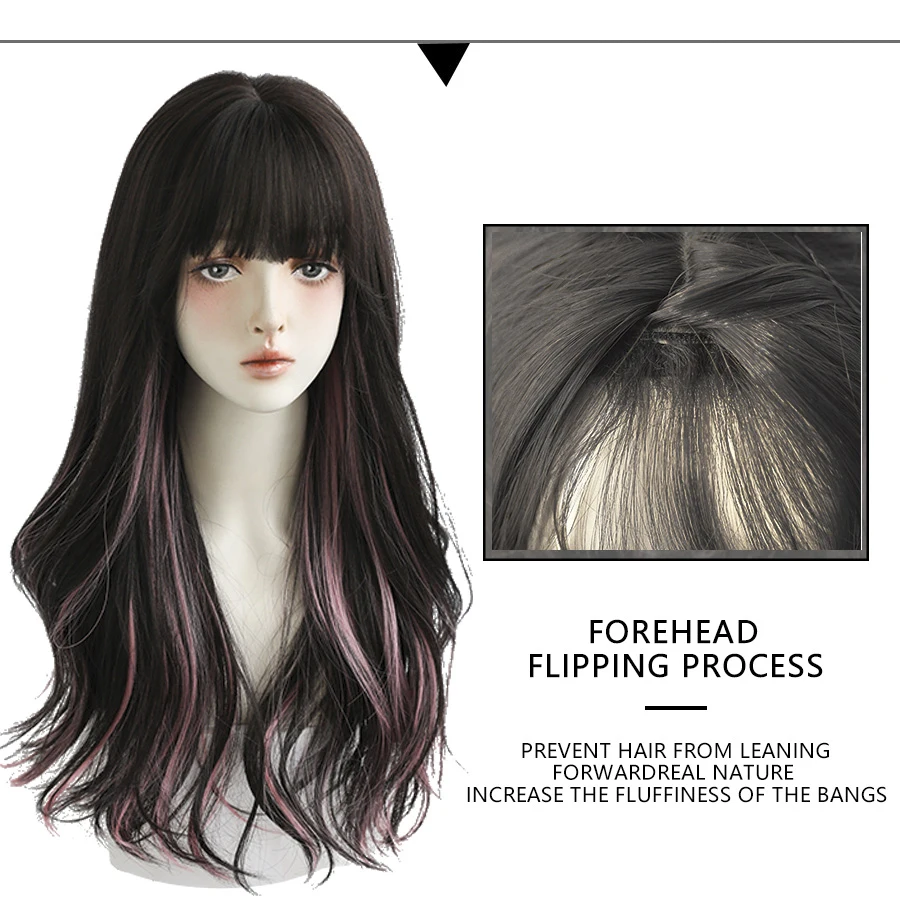 Synthetic Blend Wigs 7JHH WIGS Long Wavy Curly Hair Highlights Wigs With Fluffy Bangs For Women's Daily Wear