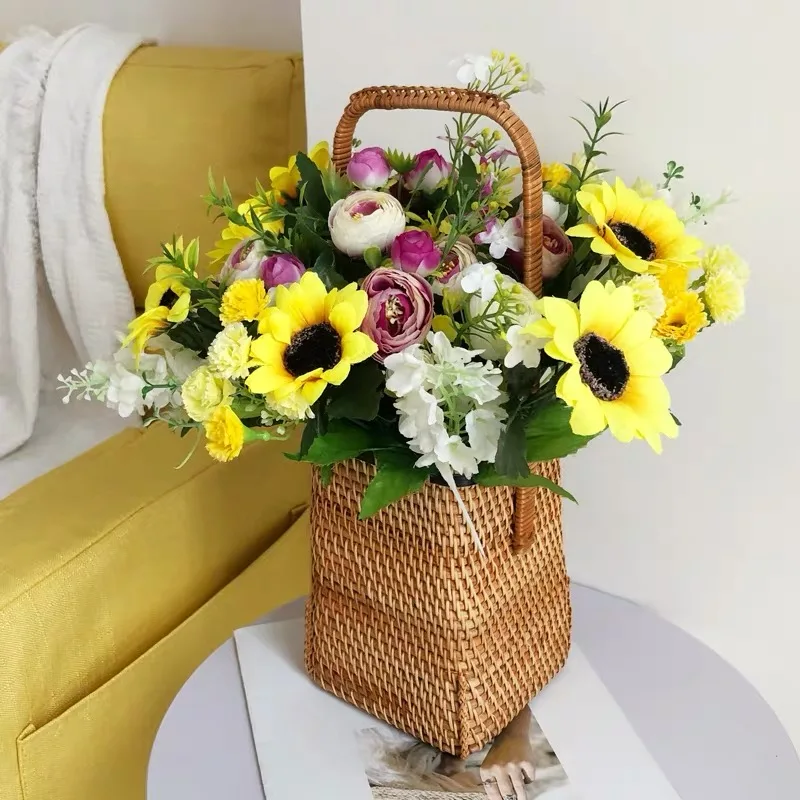 Storage Basket Hand-woven Vietnam rattan Portable handheld Sundries decorate the storage basket with flowers Home decoration