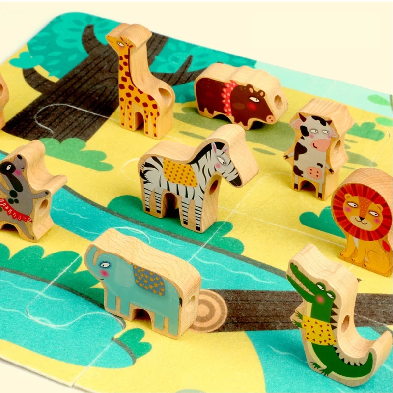 Children's wooden traffic animal three-dimensional puzzle jigsaw rope stringing cognitive children's toy car stringing game
