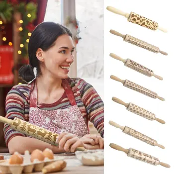 

Christmas Embossing Rolling Pin Baking Cookies Noodle Biscuit Fondant Cake Dough Engraved Roller Reindeer Snowflake