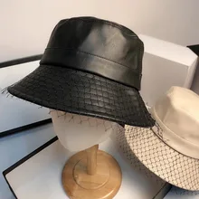MAXSITI U NEW Spring Fall Veil Net PU Leather Bucket Hat Women's Fashion Casual Pure Color Fisherman's Basin Cap