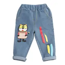 Джинсовые штаны для маленьких мальчиков и девочек, дышащие, комбинированные, Осенние, с эластичным карманом, хлопковые, с рисунком, штаны со средней талией, От 6 месяцев до 3 лет