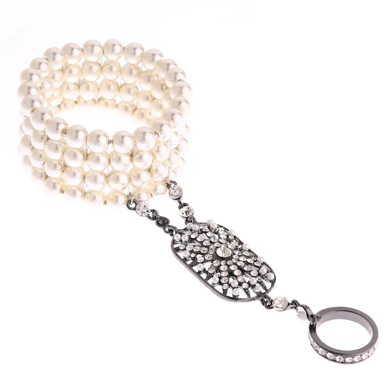 Anime Bracelet Art Deco The Great Gatsby Inspired Flower Simulated Pearl Bracelet Set Wedding Bridal Bracelet 1920s Flapper Accessories